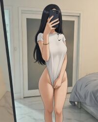 ai_generated bottomless covering_face covering_privates covering_pussy mirror_selfie no_panties selfie