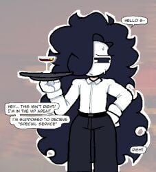 1boy 1femboy 2026 2d 2d_(artwork) arcaned_roses black_bottomwear black_hair black_pants bottomwear clothing color colored comic comic_panel dialogue digital_drawing_(artwork) digital_media_(artwork) english_text femboy fully_clothed gloves hair long_hair male martini martini_glass nervous nervous_expression nervous_face nervous_sweat offscreen_character pale-skinned_femboy pale-skinned_male pale_skin pants restaurant restaurant_background roses_(roses_arcaned) roses_arcaned shirt speech_bubble sweat sweatdrop sweating sweaty_face talking_to_another talking_to_offscreen text topwear waiter waiter_tray white_gloves white_shirt white_topwear