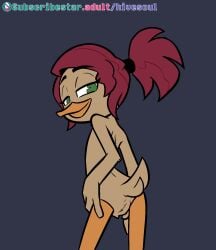 2026 2d_animation 4_fingers accessory anatid animated anseriform anthro ass avian beak bird black_eyebrows black_hair_tie brown_body brown_feathers crotch_tuft darkwing_duck disney duck ducktales ducktales_(2017) eyebrow_through_hair eyebrows eyelashes feathers featureless_crotch female female_anthro fingers flat_chested gosalyn_waddlemeyer green_eyes grey_background hair hair_accessory hair_tie half-closed_eyes hands_on_own_hips head_turned hi_res lolicon long_hair looking_at_viewer looking_back looking_back_at_viewer loop micro_thighs mouth_closed narrowed_eyes nude nude_anthro nude_female orange_beak orange_scutes ponytail rear_view red_hair scuted_legs scutes shaking_butt shoulder_blades simple_background solo soulcentinel subscribestar subscribestar_logo tail tail_feathers text thin_thighs translucent translucent_hair tuft url young young_anthro young_female