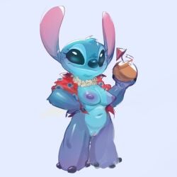 1:1 alien aloha_shirt beverage black_eyes blue_body blue_fur blue_nipples breasts claws clothing coconut coconut_drink disney drupe_(fruit) female flower_necklace food fruit fur genitals lilo_and_stitch medium_breasts nipples pattern_clothing pattern_shirt pattern_topwear plant rule_63 sachsech205 shirt simple_background smile solo standing stitch_(lilo_and_stitch) topwear vulva
