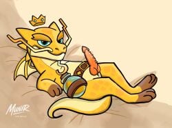 anthro bed belt clash_royale crown digital_media_(artwork) dragon elixir elixir_loong erection facial_hair furniture genitals headgear hi_res looking_at_viewer lying male moustache munirthewolf mythological_creature mythological_scalie mythology on_back patterned_scales penis pillow potion_bottle reclining reptile royalty scalie simple_background smug_expression solo tactic_royal tail teal_eyes wings yellow_body