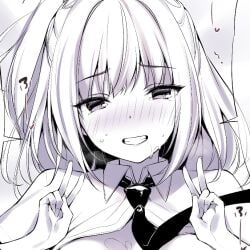 blush collared_shirt commentary_request cropped double_v female greyscale grin looking_at_viewer monochrome necktie original oryo_(oryo04) shirt smile solo speech_bubble sweat tears v wing_collar