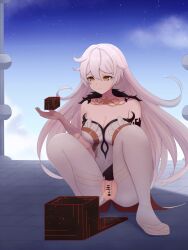 ahoge asmoday_(genshin_impact) bandaged_foot bandages bar_censor bare_shoulders black_fur blue_sky breasts censored cleavage closed_mouth clothing_cutout cloud cloudy_sky collarbone colored_skin commentary crotch_cutout cube female fur_trim genshin_impact hair_between_eyes hand_up highres large_breasts light_smile looking_down multicolored_skin orange_eyes oreon_z outdoors peeing pussy shade sky solo squatting two-tone_skin white_hair