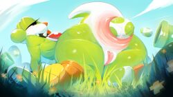 16:9 anal_fluids anus ass bodily_fluids cloud collar doggy_style egg egg_from_ass egg_in_ass female flower from_behind_position genitals grass green_body green_skin green_yoshi hi_res looking_back mario_bros nintendo outside oviposition plant rear_view sachsech205 sex sky solo spiked_collar spikes stretched_anus sweat sweaty_butt vulva widescreen yellow_butt yoshi yoshi_(character)