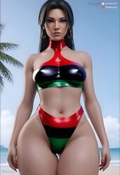 ai_assisted ai_generated asian_female beach bikini edited hoop_earrings marvel_rivals pan-african_flag pan-african_flag_bikini pan_african_colors psylocke psylocke_(sai)_(vengeance) rice ricebunny solo_female