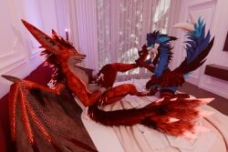 anthro arm_warmers armwear blender_(artwork) blue_body blue_fur bodily_fluids canid canine clothed clothing cum digital_media_(artwork) dominant duo endoras endoras_(character) erection feet foot_fetish foot_play footjob fur genital_fluids genitals gigi2k hi_res horn knot leg_warmers legwear male male/male mammal masturbation nude paws penile penis red_body red_fur rexouium scales sex smile submissive tail warmers wings