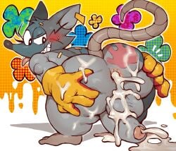 after_anal anthro anus ass balls bent_over big_butt blush bodily_fluids clothing cum cum_in_ass cum_inside erection foreskin genital_fluids genitals gloves handwear hi_res mad_rat_(mad_rat_dead) mad_rat_dead male mammal murid murine nippon_ichi_software orgasm penis rat rear_view rodent smile smirk smug solo spank_marks spank_marks_on_ass spread_butt spreading ziran
