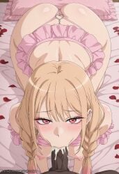 1boy 1girls :>= ai_generated aimisaka all_fours ass blonde_hair blush braid breasts clothes_lift cum cum_in_mouth dark-skinned_male dark_skin ear_piercing earrings fellatio frills heart interracial jewelry kitagawa_marin long_hair looking_at_viewer makeup my_dress_up_darling nipples oral panties penis petals piercing pillow pov red_eyes solo_focus sono_bisque_doll_wa_koi_wo_suru straight thong twin_braids uncensored underwear veins