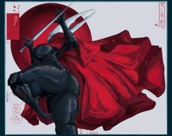 1girls anthro arthropod arthropod_humanoid ass ass_bigger_than_head ass_focus big_ass black_body breasts bug_girl child_bearing_hips chitin cloak cloak_only exoskeleton female from_side hips holding_weapon hollow_knight hollow_knight:_silksong hornet_(hollow_knight) huge_ass huge_thighs large_breasts non-mammal_breasts sarifairy solo_female thick_thighs thighs wide_hips