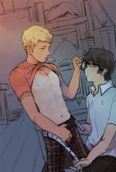 abs artist_request bedroom before_sex belt colored condom condom_in_mouth couple eyes_closed glasses looking_at_partner navel persona persona_5 ren_amamiya ryuji_sakamoto school_uniform shirt_pulled_up sitting tanline undone_belt undressing yaoi