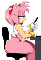accessory amy_rose anthro ass big_breasts big_butt bracelet breasts chilisauce_(artist) clothed clothing clothing_lift drawing_pen drawing_tablet eulipotyphlan eyelashes female furniture gloves green_eyes hair_accessory hairband handwear hedgehog hi_res jewelry mammal narrowed_eyes nipples pink_body pink_nipples sega shirt shirt_lift side_view sitting solo sonic_the_hedgehog_(series) table tail tan_body tan_skin thong topwear underwear vehicle wheelchair