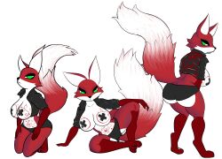 absurd_res anthro bottomwear canid canine clothing dipstick_tail female fox fur hi_res jacket jasper_(jackwolf) mammal markings model_sheet nipple_tape pasties red_body red_fur shorts simple_background solo tail_markings tape topwear wallyroo white_background white_body white_fur