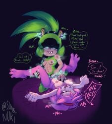 3_toes abs accessory afrosoricid amy_rose anthro bite biting_lip blue_eyes breasts breath dialogue duo ear_piercing electrostimulation eulipotyphlan feet female female/female genitals glowing glowing_eyes green_body green_eyes hair hair_accessory hairband hedgehog hi_res idw_publishing long_nails mammal nude nude_female panting piercing pink_body ponytail sega sex sharp_teeth shib_nuki sonic_the_hedgehog_(comics) sonic_the_hedgehog_(idw) sonic_the_hedgehog_(series) speech_bubble surge_the_tenrec teeth tenrec toes tribadism vaginal_penetration vulva