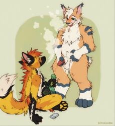 anthro blep bodily_fluids bong canid canine drugs duo felid feline fox fur genital_fluids hi_res lynx male male/male mammal maned_wolf marijuana orange_body orange_fur paws scooze_flynx smoking snackhorse substance_intoxication thunder_fox tongue tongue_out urine watersports yellow_body yellow_fur