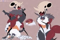 ant antennae_(anatomy) anthro arthropod arthropod_abdomen biped black_body black_exoskeleton blush bodily_fluids clitoris close-up duo ermine_(mightywheelchair) exoskeleton female female/female fur genital_fluids genitals heart_symbol hi_res hollow_knight:_silksong hollow_knight_(franchise) hug hugging_another hugging_from_behind hymenopteran insects leg_grab lepidopteran mightywheelchair moth neck_tuft open_mouth orange_body orange_fur red_body red_exoskeleton sex simple_background skarr_stalker skull_helmet standing standing_sex standing_tribadism team_cherry tribadism tuft upside-down vaginal_fluids vaginal_penetration white_body white_fur