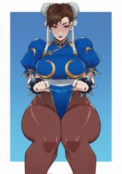 1girls aneurysm_ax blue_background blue_dress border bracelet breasts brown_eyes brown_hair brown_pantyhose bun_cover capcom china_dress chinese_clothes chun-li closed_mouth clothes_lift commentary cropped_legs double_bun dress earrings gold_trim hair_bun highleg highleg_leotard highres jewelry large_breasts leotard lifting_own_clothes lips looking_to_the_side makeup pantyhose pelvic_curtain puffy_short_sleeves puffy_sleeves sash short_hair short_sleeves simple_background sitting solo spiked_bracelet spikes street_fighter thick_thighs thighs untranslatable_commentary white_border