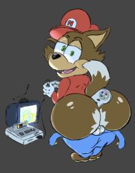 anthro ass balls big_butt bottomwear bottomwear_down canid canine clothed clothing electronics famitsu_(magazine) fox game_console genitals hi_res huge_butt looking_at_viewer male male_only mammal mario_(series) mooning necky_(famitsu) nintendo pants pants_down partially_clothed shortstack simplybobcat snes solo super_mario_world super_nintendo_entertainment_system television thick_thighs video_games