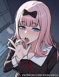 1female 1girls 2d 2d_(artwork) ai_generated big_breasts black_panties blowjob_face blowjob_gesture blue_eyes female fujiwara_chika hair_accessory handjob_gesture high_resolution highres huge_breasts kaguya-sama_wa_kokurasetai_~tensai-tachi_no_renai_zunousen~ large_breasts light-skinned_female light_skin long_hair patreon patreon_username pink_hair pony ryogangg school_uniform schoolgirl