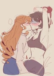 2girls armpits arms_up black_bra blindfold blonde_hair bound bound_wrists bra brown_hair claire_francois closed_eyes colored_blindfold commentary drill_hair french_kiss hand_on_another's_chin highres implied_fingering kissing long_hair multiple_girls nanazudina rae_taylor short_hair underwear watashi_no_oshi_wa_akuyaku_reijou yuri