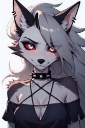ai_generated blush cleavage clothed ear_piercing furry furry_female green_hair hair_over_one_eye hellhound helluva_boss looking_at_viewer loona_(helluva_boss) red_eyes shoulders spiked_collar white_fur wolf wolf_ears wolf_girl