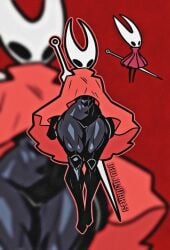 1girls abs anthro arthropod arthropod_humanoid badjujuarts black_body bug_girl child_bearing_hips cloak cloak_only exoskeleton exposed_hips exposed_midriff exposed_thighs female hips hips_wider_than_shoulders hollow_knight hollow_knight:_silksong hornet_(hollow_knight) muscular muscular_female solo_female thick_thighs thighs wide_hips