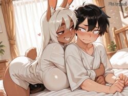 ai_generated bedroom big_breasts femboy freckles futanari gentle_femdom hugging joyful oversized_shirt rabbit_girl tomboy