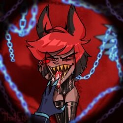 alastor_(hazbin_hotel) bob_cut carpet chained chains cum_in_mouth deer fluids gay hazbin_hotel hazbin_hotel_(season_2) horns kneeling latex latex_clothing latex_legwear latex_thighhighs leash leash_pull leotard long_ears long_tongue pointy_teeth radiostatic red_eyes red_hair sharp_claws sharp_teeth thighhighs vox_(hazbin_hotel)