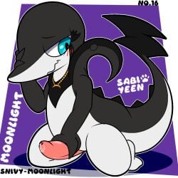 anthro black_body blush bodily_fluids collar digital_media_(artwork) erection generation_5_pokemon genital_fluids genitals hand_on_face hand_on_penis hi_res kneeling looking_down male masturbation moonlight_(snivy) nintendo penis pokemon pokemon_(species) precum raised_tail seductive shy simple_background smile snivy solo tail text white_body woofington_gator