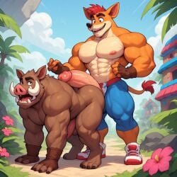 2boys ai_generated ass balls bara big_penis boar crash_(series) crash_bandicoot erection furry furry_male gay gaymuscleai huge_muscles male male_only mounting muscles muscular muscular_anthro nipples penis video_games warthog warthog_(crash_series)