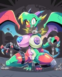 absurd_res anthro breasts claws dragon drshanks24 european_mythology female genitals hi_res horn kiwi_(drshanks24) mango_(drshanks24) mythological_creature mythological_scalie mythology nipple_piercing nipples non-mammal_breasts patchwork_creature piercing scalie scar solo tail vulva western_dragon wings x_scar