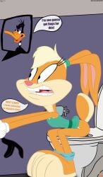 anatid annoyed anseriform anthro avian bathroom begging bird clothed clothing clothing_lift daffy_duck dialogue dress dress_lift duck duo english_text feces feces_in_ass female hand_holding hi_res lagomorph leporid lola_bunny looney_tunes male mammal panties panties_down partially_clothed public_restroom rabbit raised_tail restroom_stall scat sitting sitting_on_toilet speech_bubble tail text thedispenser69 toilet toilet_paper toilet_use underwear underwear_down warner_brothers