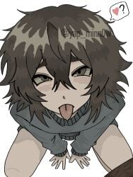 1boy blue_sweater brown_eyes brown_hair digital_art ibispaintx looking_at_viewer non_explicit oc on_knees original_character perspective sticking_out_tongue white_background