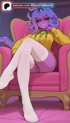 1girls 2026 ai_generated armchair artist_name chair electroworld feet female grin hi_res high_quality high_resolution highres hood hoodie monster_prom patreon patreon_username purple_hair sitting smile solo stable_diffusion thighhighs watermark white_legwear zoe_(monster_prom)