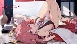 1girls bare_legs barefoot breasts erect_nipple erect_nipples feet female fox_ears fox_girl genshin_impact highres houkiboshi_(mmjw7432) large_breasts legs looking_at_viewer lying miko on_floor pink_hair purple_eyes seductive seductive_smile sideboob smile yae_miko