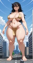ai_generated anime barefoot black_hair bra bulky city giantess green_eyes hand_on_hip kuroki_tomoko loincloth messy_hair pawg_build pixai portrait seductive_grin seductive_look unkempt_hair voluptuous_female watamote