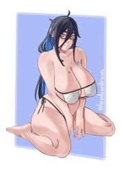 beauty_mark big_breasts black_hair blue_eyes blue_highlights breast_squeeze glasses lewdcardraws lucardraws massive_breasts micro_bikini orfilia_goethe simple_background