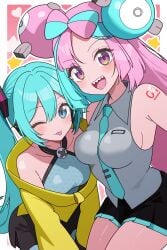 2girls big_breasts black_skirt black_tie blue_eyes collaboration company_connection cosplay cyan_hair hatsune_miku hatsune_miku_(collared_bikini) heart huge_breasts iono_(pokemon) iono_(pokemon)_(cosplay) long_hair pink_eyes pink_hair pokemon pokemon_sv smile star thighs tongue vocaloid wink yellow_clothes yellow_eyes