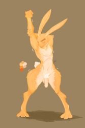 absurd_res feelindandy(artist) foreskin fur genitals hi_res jasper_jackalope lagomorph male mammal orange_body orange_fur penis pubes solo stretching white_pubes