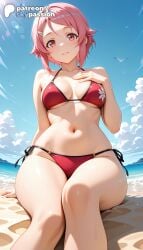 1girls 2026 ai_assisted ai_generated anime artist_name beach bikini bird blue_sky breasts bust cloud explicit hi_res high_quality high_resolution highres lisbeth looking_at_viewer navel outdoors patreon patreon_username pink_hair red_bikini seagull shinozaki_rika shore side-tie_bikini sky skypassion solo stable_diffusion swimsuit sword_art_online sword_art_online:_alicization water watermark