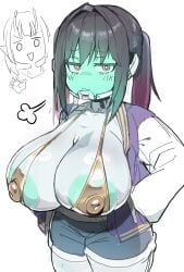 2girls areolae bikini black_hair blue_shorts breasts_out colored_nipples colored_skin covered_nipples gold_bikini green_nipples hand_on_own_hip huge_breasts jacket jitome kujo_chiharu kurusu_makina_(milky_galactic_universe) milky_galactic_universe nipples nmti_col open_jacket purple_eyes purple_hair purple_jacket solo_focus twintails white_skin white_sleeves