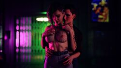 2girls 3d clothed_female_topless_female cyberpunk_2077 female female_only fully_clothed fully_clothed_female judy_alvarez red-arnage tattoo topless topless_female v_(cyberpunk_2077) valerie_(cyberpunk_2077)
