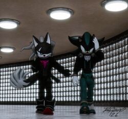 2026 3d_(artwork) anthro big_bulge black_body blender_(artwork) blender_cycles_(artwork) bulge canid canine canis chest_fur clothing digital_media_(artwork) domizoni duo eulipotyphlan footwear gloves handwear hedgehog hi_res infinite_(sonic) jackal jacket leggings legwear male mammal mephiles_the_dark sega shoes sonic_forces sonic_the_hedgehog_(series) tail topwear walking