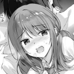1boy aroused blush collared_shirt commentary_request cropped female greyscale implied_sex long_hair monochrome necktie open_mouth original oryo_(oryo04) pillow school_uniform shirt solo_focus straight twintails wing_collar