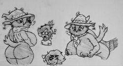 1boy 1girls anonymous_male areolae blush blush_lines blushing boobjob boobs breasts cock fat_ass female furry greyscale gurian_(species) kinn_krinso nipples numinosa paizuri pencil_(artwork) scarf sideboob tail titjob veiny_cock veiny_penis witch_hat