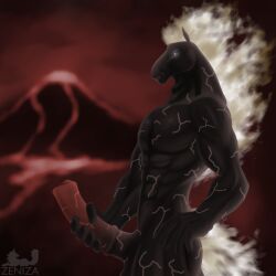 animal_genitalia animal_penis anthro big_penis black_body equid equine equine_genitalia equine_penis fire genitals hi_res horse male mammal muscular muscular_anthro muscular_male penis solo volcano zenizaokami