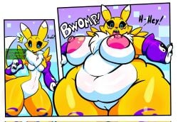 2026 3_fingers anthro areola armwear armwear_only bandai_namco belly big_belly black_claws black_finger_claws black_sclera blue_eyes bottom_heavy breasts claws clothing countershading digimon digimon_(species) digital_media_(artwork) dipstick_ears ear_markings english_text featureless_breasts featureless_crotch female female_anthro finger_claws fingers front_view fur genitals green_text hi_res huge_hips huge_thighs medium_breasts mostly_nude mostly_nude_anthro mostly_nude_female multicolored_body multicolored_ears multicolored_fur neck_tuft nipple_dip nipples open_mouth pink_areola pink_nipples purple_armwear purple_clothing renamon simple_background small_breasts small_waist solo squeezysquisher tail teeth text thick_thighs tuft vulva weight_gain white_background white_body white_countershading white_fur wide_hipped_anthro wide_hipped_female wide_hips yellow_body yellow_fur yin_yang