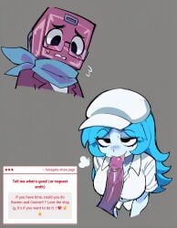 1boy 1girls absurd_res ai_generated blue_hair blue_scarf blush blush_lines boxten_(dandy's_world) cleavage colored_skin connie_(dandy's_world) dandy's_world dandys_world disembodied_head disembodied_penis dress_shirt duo falsegate ghost ghost_girl glasses highres humanoid large_breasts licking licking_penis licking_tip long_hair multiple_angles nervous non-human oral oral_sex penis personification purple_penis purple_skin raised_eyebrow roblox scarf self_upload smile smug stable_diffusion straight strawpage strawpage_requst white_hat white_shirt