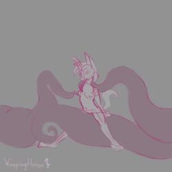 anthro bodily_fluids breasts canid canine dripping feet female fox genital_fluids low_res mammal nipple_fetish nipple_play raised_tail riding size_difference smaller_female solo spread_toes surprised tail tentacle toes vaginal_fluids weepingheron