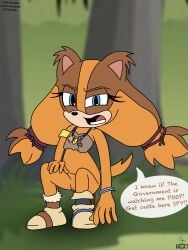 angry anthro badger blue_eyes boots brown_body brown_fur clothing conspiracy crouching dialogue english_text feces feces_in_ass female footwear forest fur genitals hi_res insane jewelry looking_at_viewer mammal mustelid musteline necklace orange_body orange_fur plant pooping_on_floor public scat sega shoes solo sonic_boom sonic_the_hedgehog_(series) speech_bubble spying sticks_the_jungle_badger text thedispenser69 tree tribal tribal_clothing tribal_jewelry tribal_necklace tribal_outfit voyeur voyeur_pov vulva