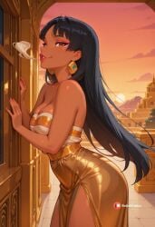 ai_generated ass ass_up chel chel_(the_road_to_el_dorado) choker city_background cityscape exhaling_smoke gold_dress highleg highleg_dress looking_at_viewer mountain mountainous_horizon patreon_logo patreon_username pink_dress pink_nails pleated_skirt sun very_long_hair white_dress yeyehuh